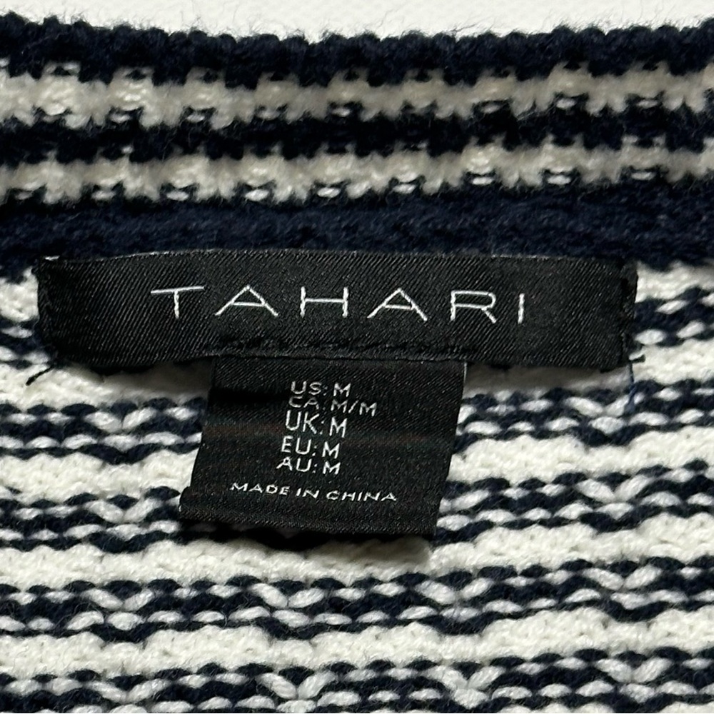 Tahari Knit V-Neck Cardigan; Black/White Stripes; Silver Accents - Women Medium - Picture 4 of 15